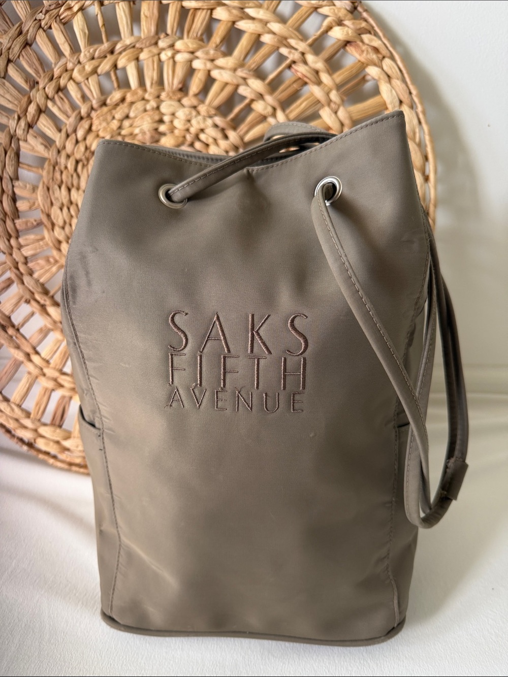 Saks Fifth Avenue Taupe Drawstring Backpack Bag Logo Neutral